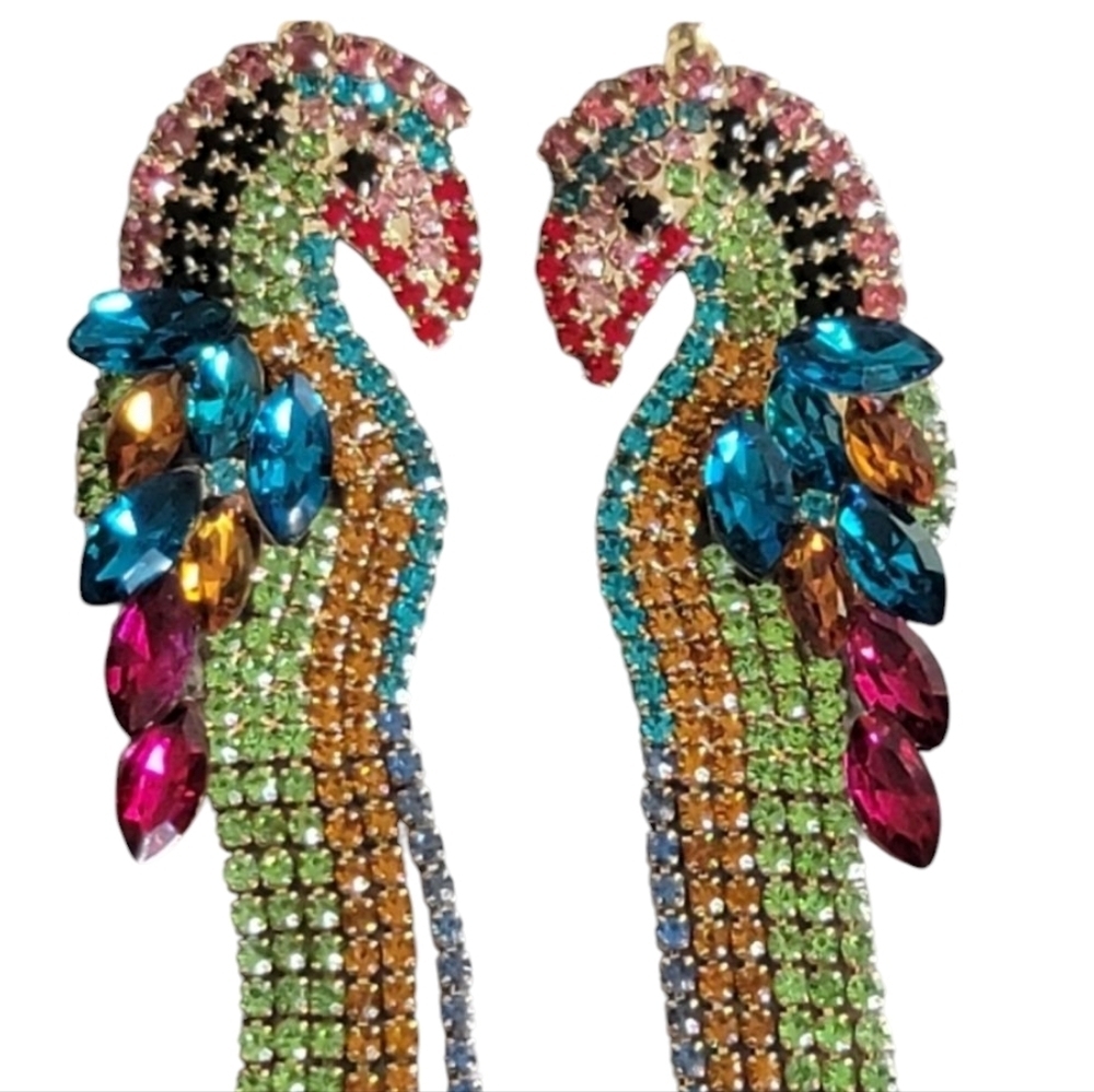 Natasha Bird Rhinestone Statement Rainbow Dangle Earrings Green Gold